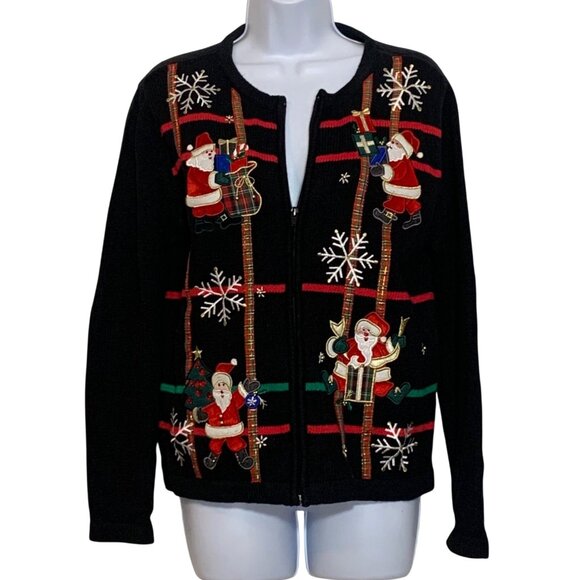 VTG Bechamel Christmas Zippered Cardigan Santa Embroidery Snowflakes Womens M - Picture 1 of 7